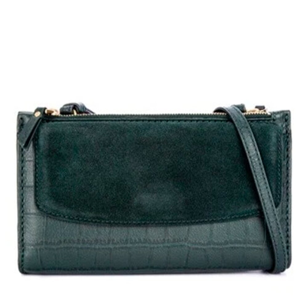 S Fossil Sage Green Leather Suede Crossbody Double-Zip SLG1322366 NWT Alligator - Picture 10 of 13